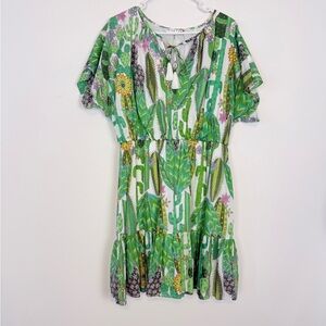 Trina Turk Green Cactus & Botanical Print Tie-Front Mini Dress. Size XL